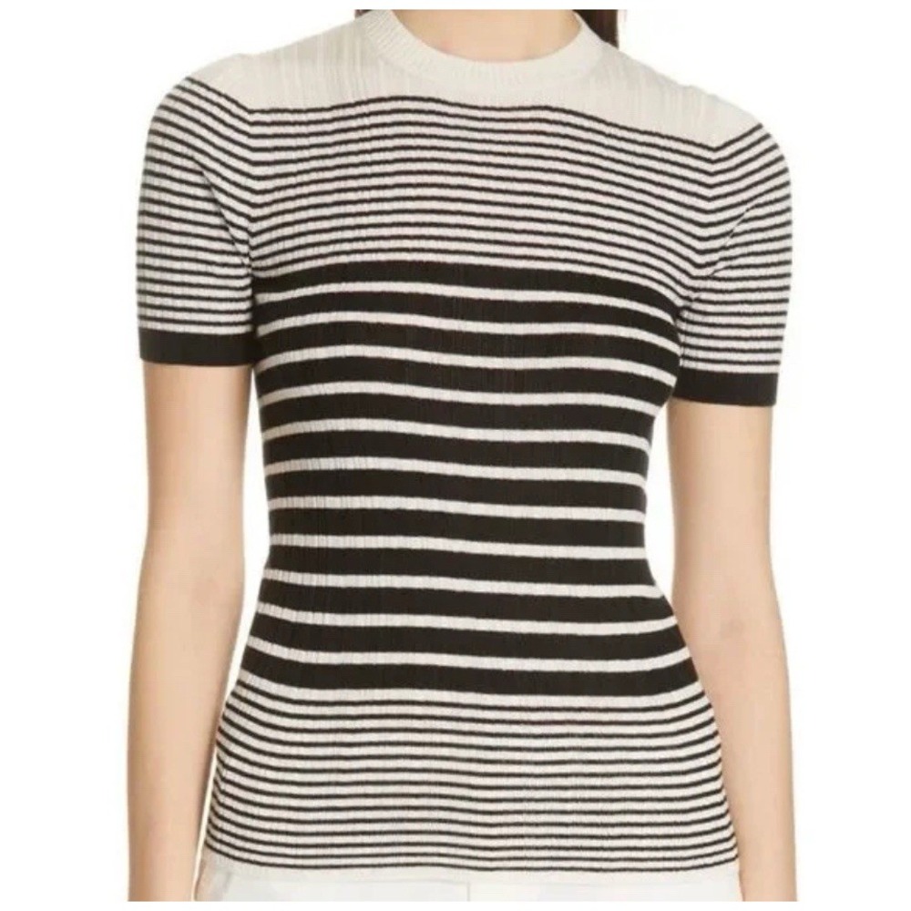 NWT ATM Anthony Thomas Melillo Stripe Silk Cashmere Sweater LARGE Ivory Black SS